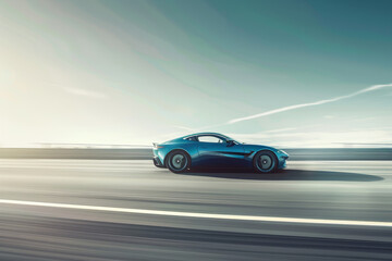 A blue sports car is driving down a road