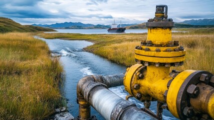 Industrial pipeline leading to cargo ship on scenic rugged coastline