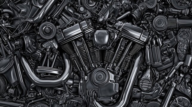Seamless Pattern Featuring Harley Davidson Steel Engine Parts and Intricate Design Details