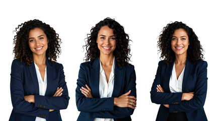 Professional woman, curly hair, navy blue blazer, white blouse, confident pose, arms crossed, multiple poses, white background, corporate headshot, diversity in business, friendly smile, career woman