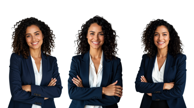 Professional woman, curly hair, navy blue blazer, white blouse, confident pose, arms crossed, multiple poses, white background, corporate headshot, diversity in business, friendly smile, career woman