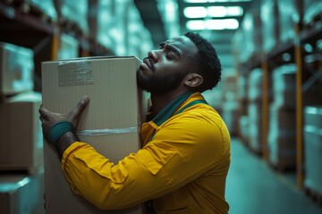 A man embraces a cardboard box in a warehouse. The scene captures the emotion of connection with objects. His expression reflects joy and fulfillment. Generative AI