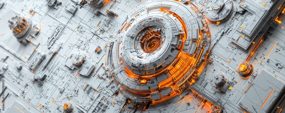 Poster top-down view of futuristic abstract machinery with glowing elements