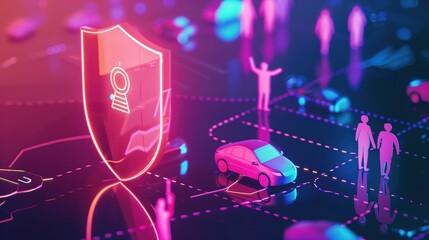Colorful Digital Illustration Featuring Shield Icon Representing Security with People, Car, and Network Elements