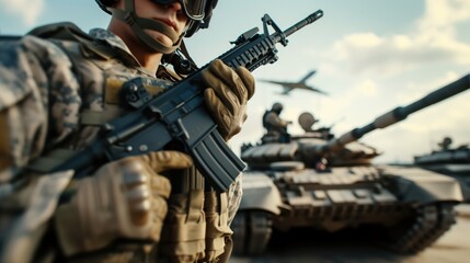 Fototapeta premium Close-Up of Soldier Holding Rifle in Military Scene with Tanks and Aircraft Overhead