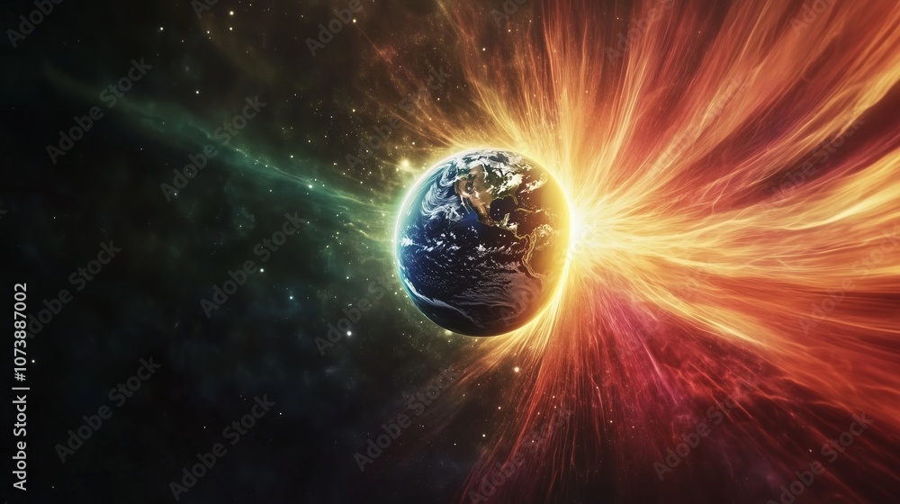 Poster earths gravitational fields being disturbed with flickering changes in light and color.