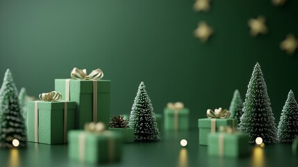A green background with a Christmas tree and gift boxes, in a minimalist style.