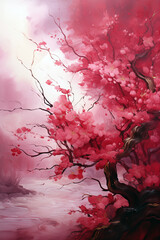 Vibrant pink cherry blossom tree with delicate flowers and branches in an ethereal landscape