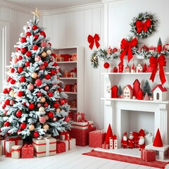 Festive Christmas Room with Snow-Dusted Tree and Red and White Decor created with generative AI