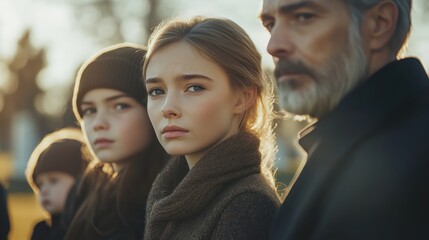 Somber Family Attending Funeral on Sunny Day Capturing Emotion and Togetherness in Times of Grief