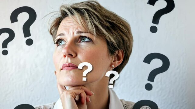 Curious woman with a questioning expression on her face, surrounded by floating question marks on a soft solid background