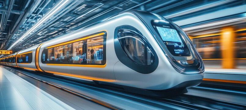 Passengers traveling on modern futuristic high speed subway train arriving at platform