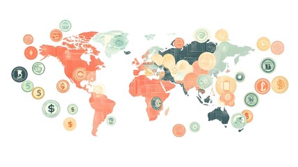 Fototapeta premium Global_Market_with_world_map_and_currency_icons_with_vector_illustration_White_background