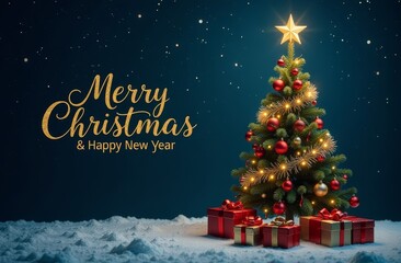 Merry Christmas and New Year festival poster with decorative christmas elements, card 