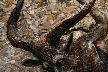Obraz premium A detailed mosaic artwork features the head of a bull, showcasing various textures and earthy colors. The craftsmanship highlights the intricate patterns and materials used in its creation