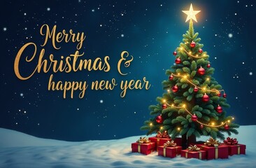Merry Christmas and New Year festival poster with decorative christmas elements, card 