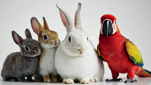 Rabbit with a friendly group of animals, including a parrot and a chihuahua, on a plain white background, studio lighting