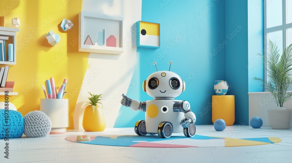 Aufkleber brightly colored walls frame a cheerful children's room where friendly robots assist kids with playf