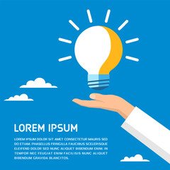 Ideas, inventions and innovations. Human hand with light bulb on blue background. Vector illustration