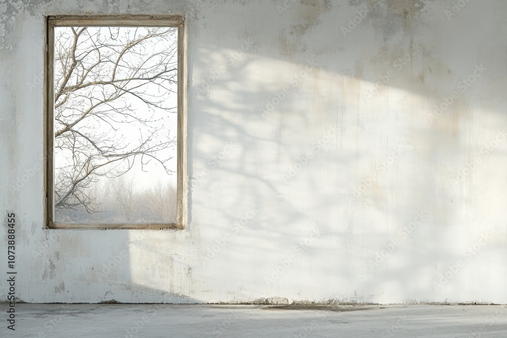 Poster A window frames a tranquil outdoor view, showcasing a tree outside and casting subtle shadows on the empty interior wall. Generative AI
