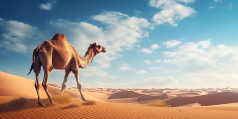 Camel in the desert at sunset.