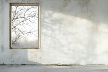 A window frames a tranquil outdoor view, showcasing a tree outside and casting subtle shadows on...