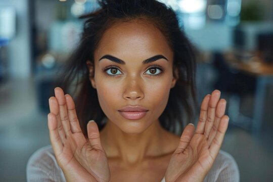 Close-up photo of a biracial woman's hands in a business office.