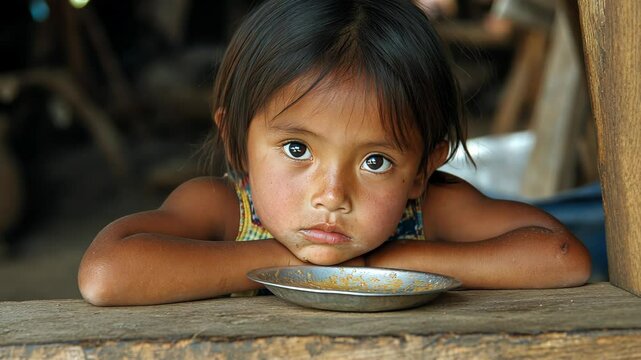 A young girl rests her head on her arms, looking at a small, empty plate in front of her