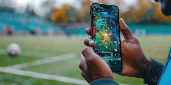Close-Up of Hand Holding Smartphone with Sports App on Soccer Field Background