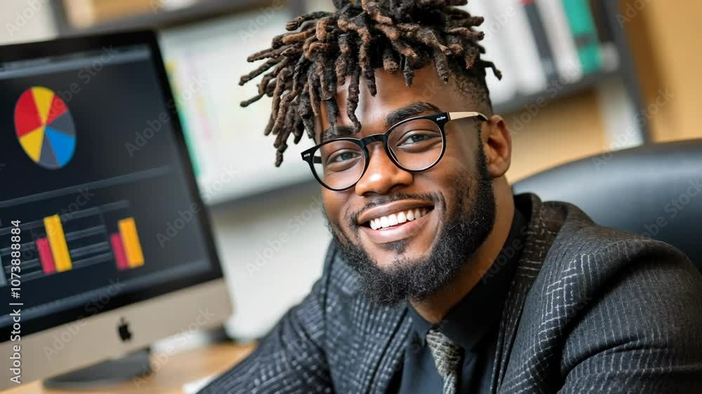 Poster a man with dreadlocks and a beard smiles while looking at a computer screen with charts and graphs d