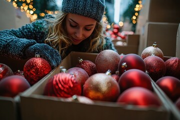 Young Woman Joyfully Unpacking Vibrant Red Christmas Ornaments for Holiday Decoration