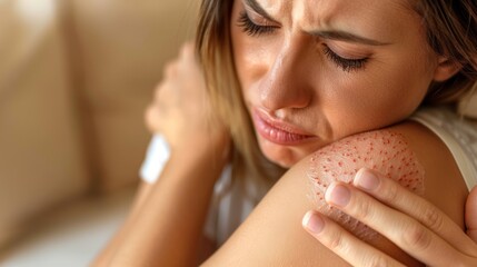 A young woman shows distress while examining an allergic reaction on her shoulder, demonstrating symptoms of discomfort in a well-lit indoor environment