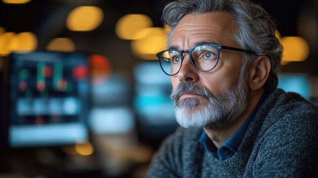 Thoughtful Mature Man Considering Stock Market Trends in Office Setting