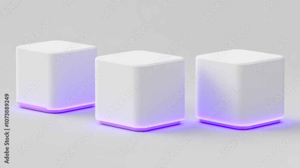 Poster abstract geometric arrangement of white blocks with blue lighting creating a modern digital appearan