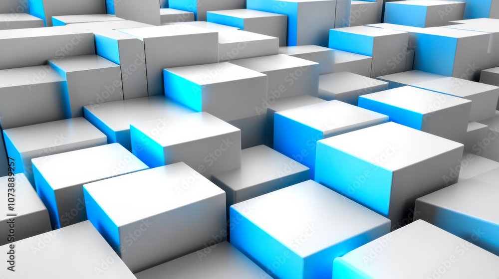 Poster abstract geometric arrangement of white blocks with blue lighting creating a modern digital appearan
