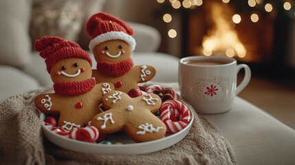 Festive Gingerbread Cookies Wearing Red Hats with Christmas Candy and Warm Mug by the Cozy Fireplace
