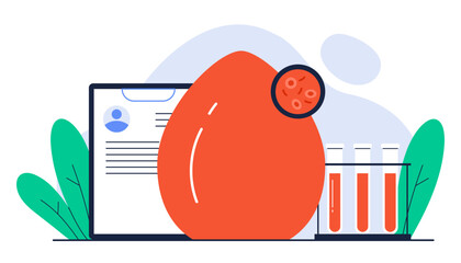  Medical blood testing. Blood samples in test tubes, drop of blood, exam checklist. Clinical laboratory analysis concept. Isolated vector illustration in cartoon style