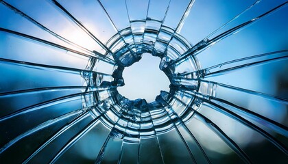 Naklejka premium Broken glass showing sunlight and blue sky with radial cracks
