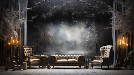 Elegant winter scene with vintage furniture and candles in a dark, snowy forest setting