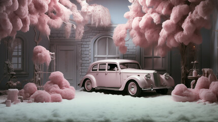 Surreal scene with a vintage car in a dreamy setting with fluffy pink trees and pastel tones
