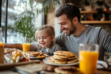 Husband serves his family delicious pancakes for breakfast, capturing daily life moments