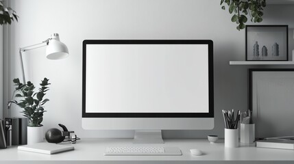 A computer monitor sits on a desk with a lamp and a potted plant