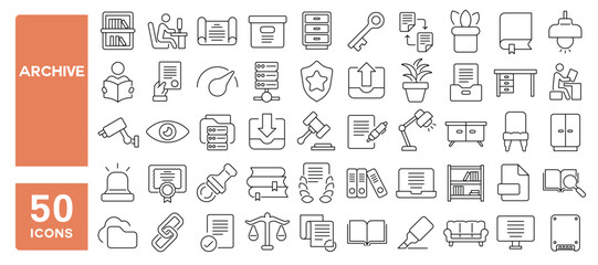 Set of 50 line icons related to archive, document, folder, doc, clipboard, search, storage, catalog, Editable stroke. Vector illustration