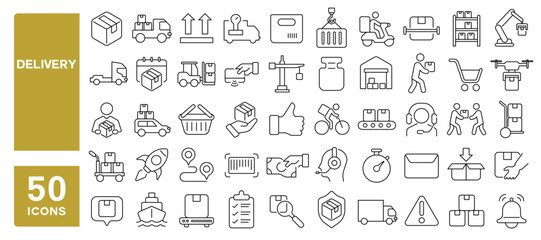 Set of 50 line icons related to delivery, shipping, courier, parcel, package, logistic, express, pack, Editable stroke. Vector illustration