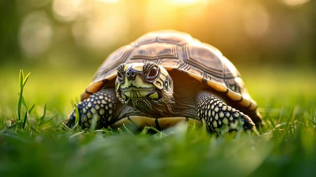 turtle with a friendly expression sitting against a green park background in natural daylight stock minimalist photo