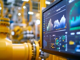 Close up of industrial control system monitor showcasing real time data amidst factory machinery