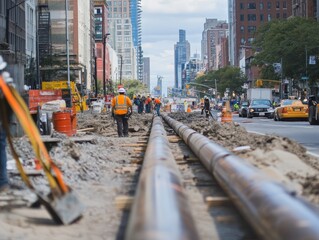 Workers maintaining an oil pipeline in a cityscape  construction activity in the background