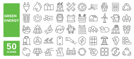 Set of 50 line icons related to green energy, renewable, electricity, solar, power, eco, environment, bio, Editable stroke. Vector illustration