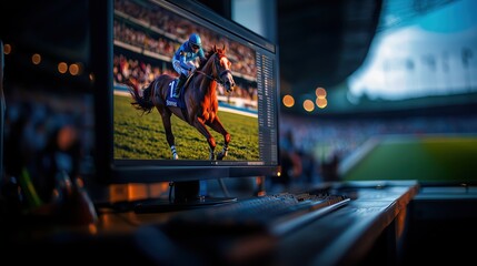Horse Racing on Computer Monitor in Modern Sports Betting Environment with Dynamic Stadium Background