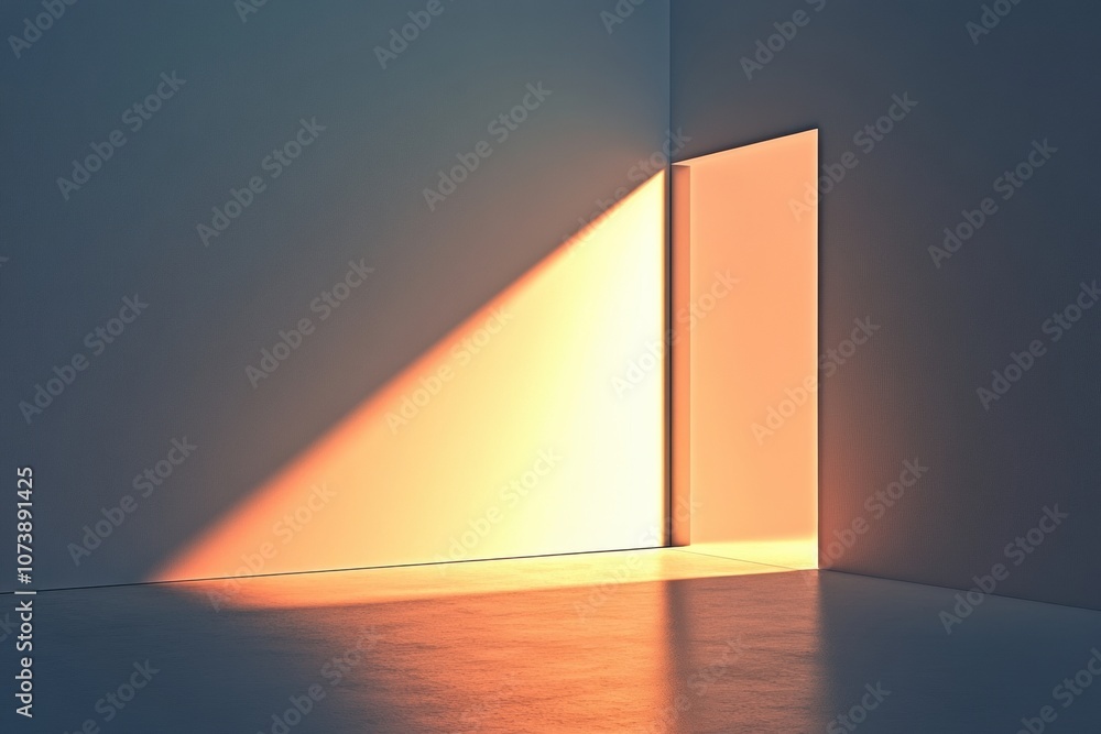 Poster An open door allows warm light to flood a minimalistic space, casting gentle shadows that evoke a sense of calm and reflection. Generative AI